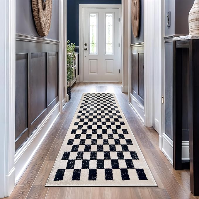 Rugshop Black and White Checkered Area Rug – High-Contrast Grid Pattern Carpet for Living Room, Bedroom, or Dorm – Trendy Contemporary Soft Floor Décor 2' 3" x 8' Runner Black
