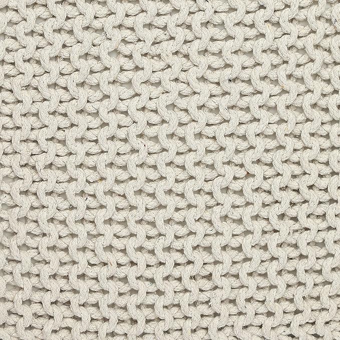 REDEARTH Square Pouf Ottoman Foot Stool - Hand Knitted Bean Bag - Cord Boho Pouffe - Accent Poof for Living Room - Nursery - Bedroom - Kids Bedroom - Patio - 100% Cotton (16" x 16" x 16") - Ivory
