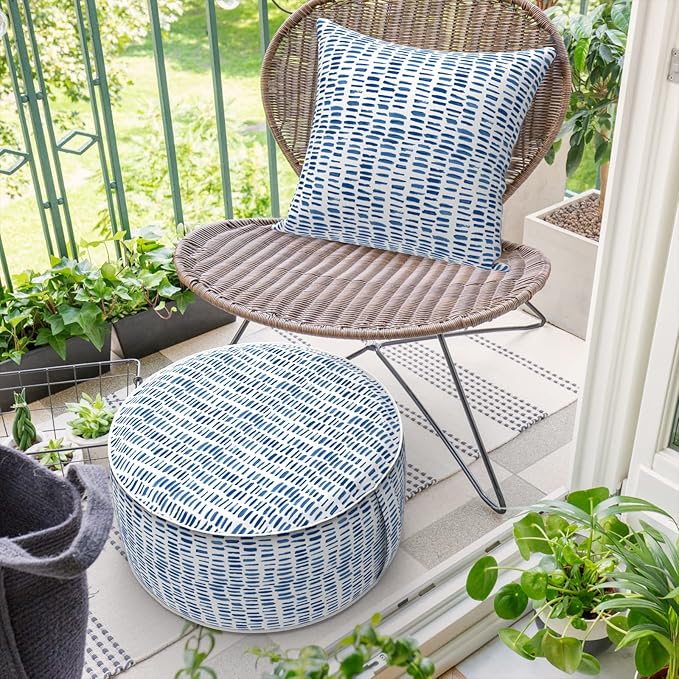 Inflatable Ottoman Stool D21 xH9 for Outdoor/Indoor Use, Water Repellent Patio Foot Rest Stool with Portable Handle,Round Pouf Ottoman Suitable for Garden,Deck and Camping - Pebble Blue