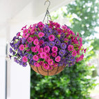 Artificial Faux Hanging Flowers Plants Basket for Spring Summer Outdoors Decoration, Silk Morning Glory with Eucalyptus Look Real UV Resistant Fake Flowers for Outside Porch Patio Balcony Home, Mix