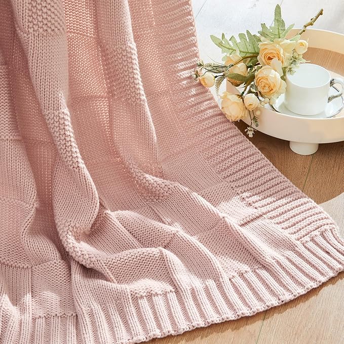 CozeCube Check Knit Throw Blanket, Pink Checkered Throw for Couch, Decorative Christmas Soft Cozy Warm Knitted Blanket for Bed Sofa Living Room, 50"X60"