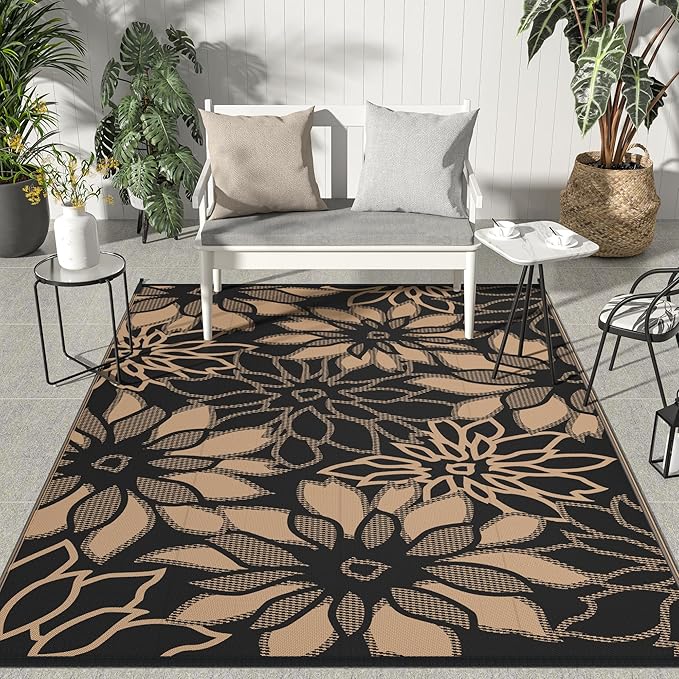 GENIMO Outdoor Rug Waterproof for Patio Decor, 9' x 12' Reversible Plastic Straw Floral Camping Carpet, Large Area Rugs Mats for RV, Camper, Deck, Balcony, Porch, Beach, Picnic, Black & Brown