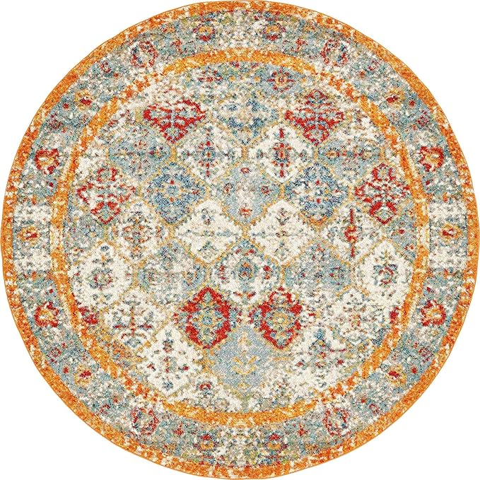 Unique Loom Rosso Collection Vintage, Traditional, Bohemian, Geometric, Distressed, Southwestern Area Rug, 8' 0" x 8' 0", Beige/Orange