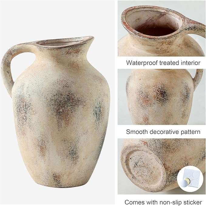 Vintage Farmhouse Pottery Vase, 9.7 inch Handcrafted Decorative Ceramic Vase for Home, Dining Table, Bathroom, or Bookshelf Accents