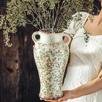 Enra Farmhouse Vintage vase with Handle,12.6 in Ceramic Chinoiserie Floral Vase,Green and Beige Decorative Flower vase,Large Rustic Vases for Home Decors, Living Room, Bookshelf, Office