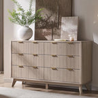 T4TREAM Fluted 6 Drawers Dresser, 54" Wide Modern Chest of Drawers, Curved Profile Design, Dresser TV Stand, Wood Drawer Organizer for Bedroom, Living Room, Hallway, White Alder