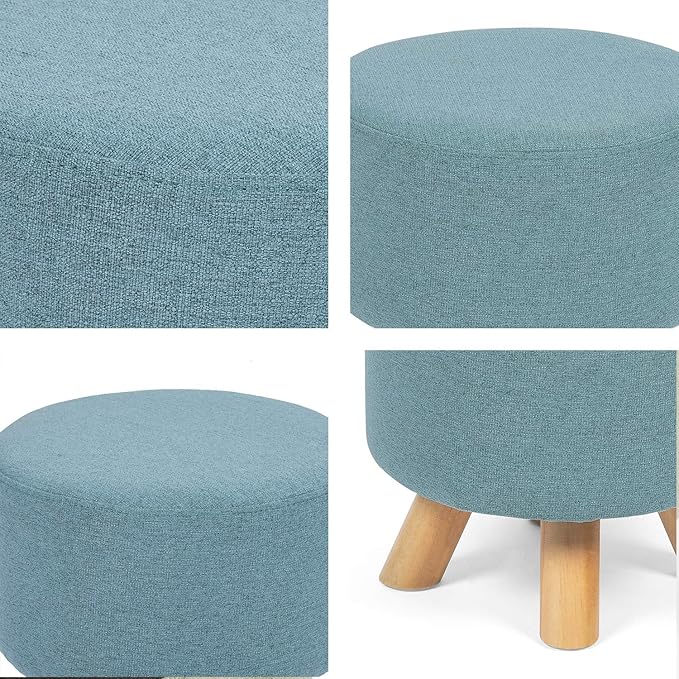 Asense Small Round Ottoman Foot Rest Stool Fabric Padded Seat Footstool Ottoman with Anti-Slip Wooden Legs (Light Blue,Fabric)