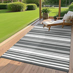 Outdoor Patio Rug 9x12 Stain-Resistant Reversible Camping Mat, Modern Striped Outdoor Plastic Straw Rug, Waterproof Outside Carpet, Easy to Clean for RV, Porch, Deck, Balcony, Grey