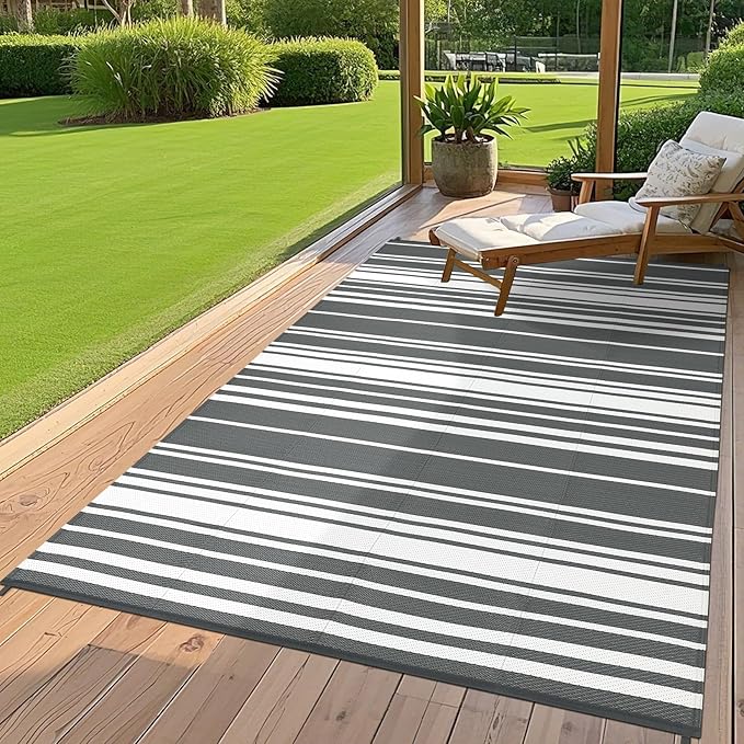 Waterproof Outdoor Rug 8x10 Contemporary Reversible Plastic Straw Rug, Easy Cleaning Striped Patio Carpet, UV-Resistant Indoor Outdoor Floor Cover for RV, Porch, Deck, Backyard, Grey