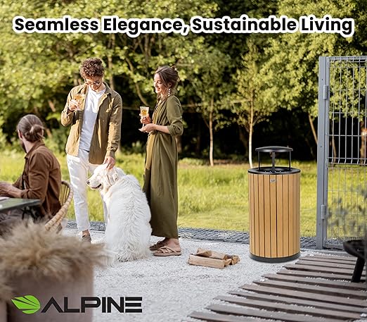 Alpine 32 Gallon Commercial Outdoor Trash Can - Heavy Duty Garbage Can Outdoor, Industrial Trash Can with Plastic Panels for Patio, Parks, Trails & Resorts (Rain Bonnet Lid - Cedar)