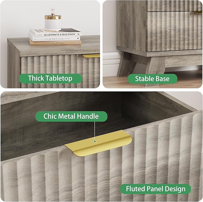 Fluted Nightstand, 24" Wide Side Table with 3 Large Storage Drawers, Mid Century Modern Wood Night Stand with Metal Handle, Wooden Bedside End Table for Bedroom, Living Room, Closet, Grey