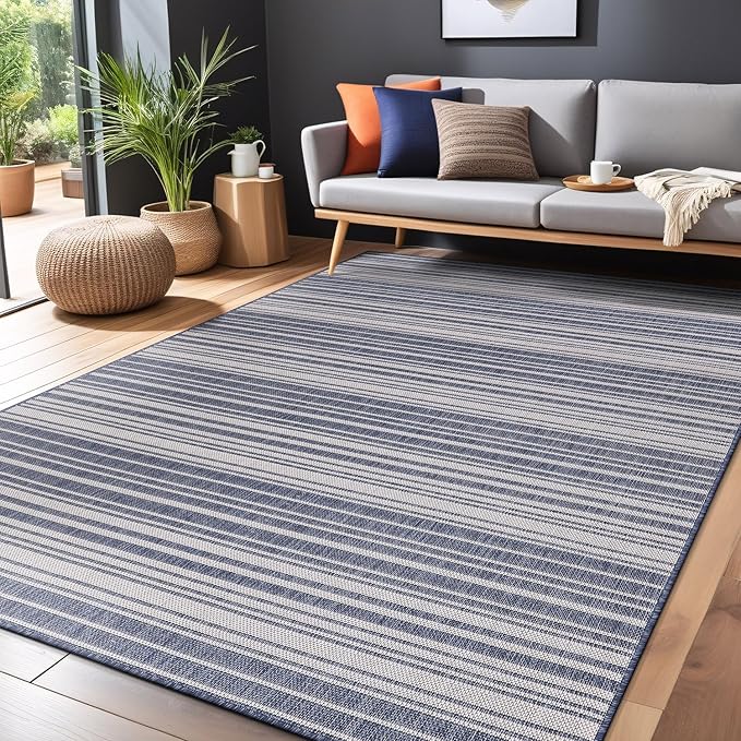 Stripe Outdoor Rug 9x12 Washable Outside Carpet for Indoor Patio Porch Waterproof Easy Cleaning Non Shedding Area Rugs Blue 9 x 12