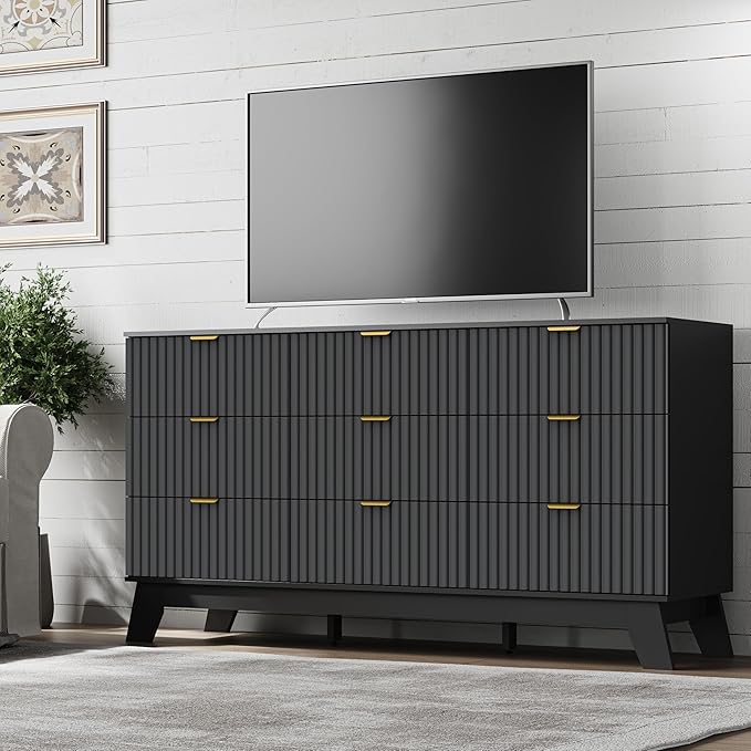 Fluted 9 Drawer Dresser, 57.1" Wide Modern Boho Chest of Drawers, Wooden Storage Dresser TV Stand for Bedroom, Living Room, Closet, Hallway, Curved Profile Design