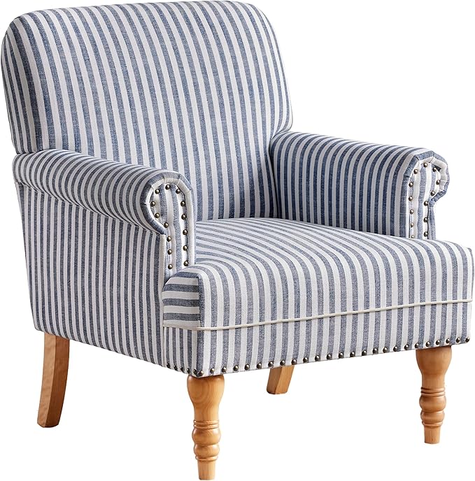 HUIMO Linen Fabric Accent Chair, Mid-Century Modern Armchair with Solid Wood Legs, Single Sofa Chair,Upholstered Reading Club Chair (1, Dark Blue and White Stripe)