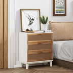 COZAYH Farmhouse 3-Drawer Nightstand, Rattan Cane Front Accent Dresser with Brass Pull, Distressed White
