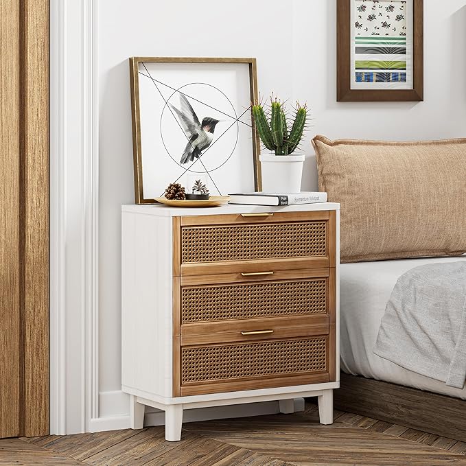 COZAYH Farmhouse 3-Drawer Nightstand, Set of 2 Rattan Cane Front Accent Dresser with Brass Pull, Distressed White