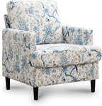 Mid-Century Accent Chair,Modern Linen Fabric Armchair for Living Room,Comfy Upholstered Reading Accent Chairs for Bedroom,Single Sofa Chair with Wood Legs (Blue Flowered Bird, 1 Pack)