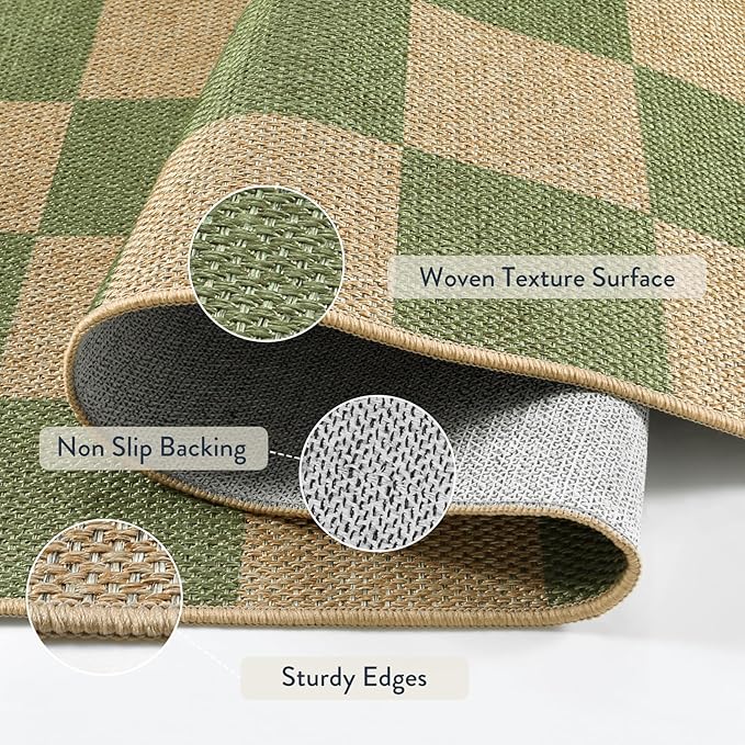 Lahome Checkered Entryway Runner Rug, 2x8 Green Washable Rug Runners for Hallway Non Slip, Farmhouse Indoor Outdoor Non Shedding Kitchen Mats for Floor Porch Balcony