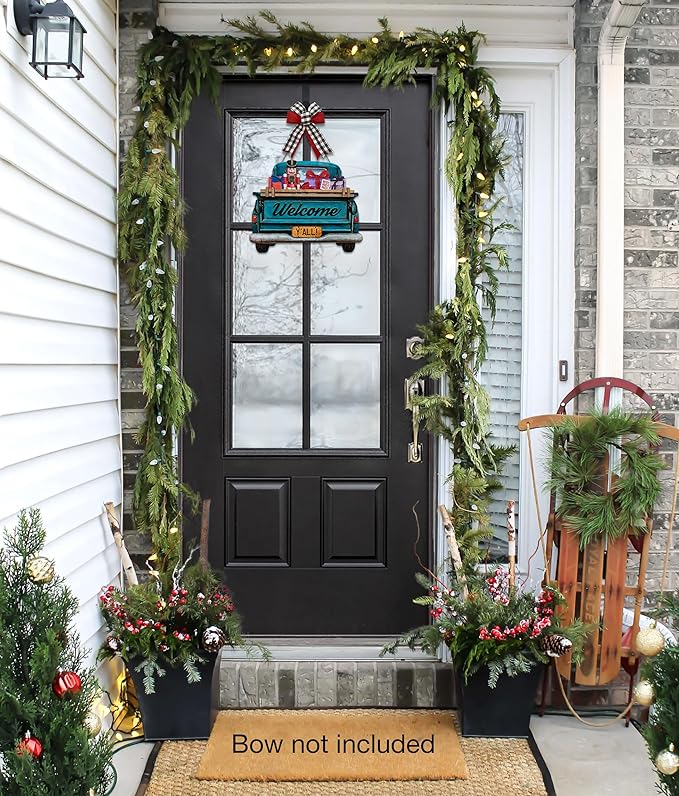 Interchangeable Welcome Sign for Front Door Blue Farmhouse Truck Decor Hanging Sign with 11 Interchangeable Seasonal and Holiday Decor Signs 12x14 in. (Blue Farmhouse Truck)