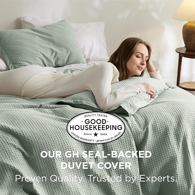 Bedsure Cotton Duvet Cover King - 100% Cotton Waffle Weave Sage Green Duvet Cover King Size, GentleSoft™ and Breathable Bedding Set for All Season, 3 Pieces, 104"x90"