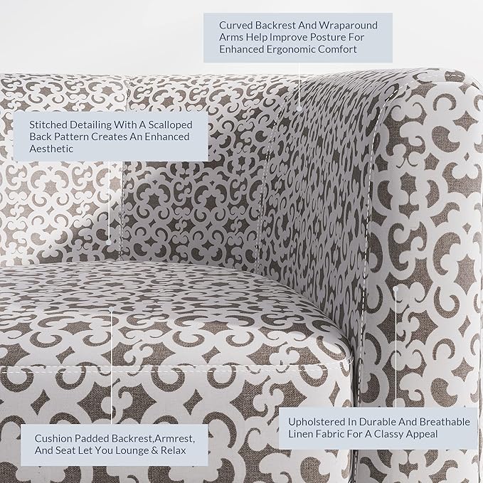 BELLEZE Accent Barrel Chair, Linen Round Chair Club Tub Sofa Corner Chair with Flared Legs and Cozy Soft Padding for Living Room Bedroom Waiting Room - White & Brown