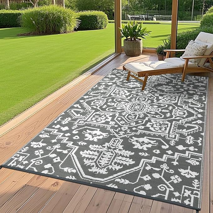Outdoor Rug 8x10 Waterproof Reversible Plastic Straw Mat, UV-Resistant Vintage Medallion Camping Carpet for Patio, Deck, Balcony, Picnic, Large Outside Floor Mat, Grey White