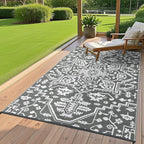 Outdoor Rug 9x12 Waterproof Reversible Plastic Straw Patio Rug, Stain-Resistant Vintage Medallion Carpet, Large Easy-Cleaning Indoor Outdoor RV Mat for Deck, Camping, Balcony, Grey White