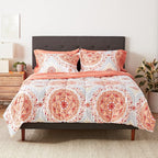 Amazon Basics Full/Queen Comforter Set with Sheets, 7-Piece Coral Medallion Bedding, Lightweight Microfiber Bed-in-a-Bag