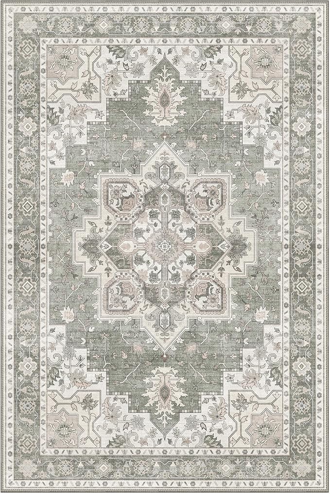 GENIMO 8x10 Area Rugs for Living Room, Machine Washable Non Slip Vintage Rugs, Low Pile Lightweight Chenille Print Rug for Bedroom, Dining Room, Home Office, Moonlight