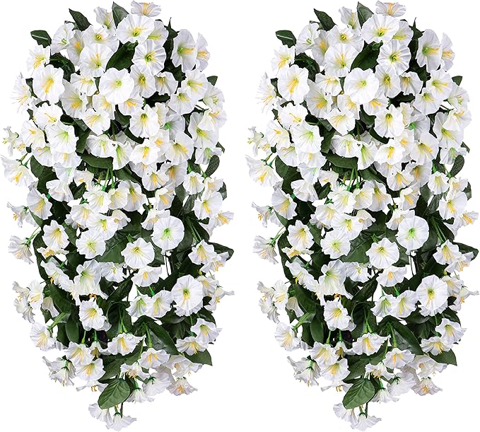 HyeFlora Artificial Fake Hanging Flowers Plants Vines for Outdoor Summer Decoration, 2PCS Faux Silk White Morning Glory Look Real UV Resistant for Home Outside Planter Porch Patio