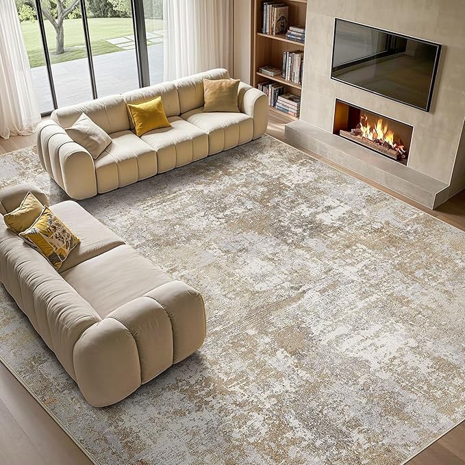 Tortania Washable 10x14 Area Rug for Living Room: Modern Abstract Neutral Large Soft Thin Rugs - Non Slip Indoor Carpet for Bedroom Dining Room Office Nursery Home Floor Decoration - Brown Grey