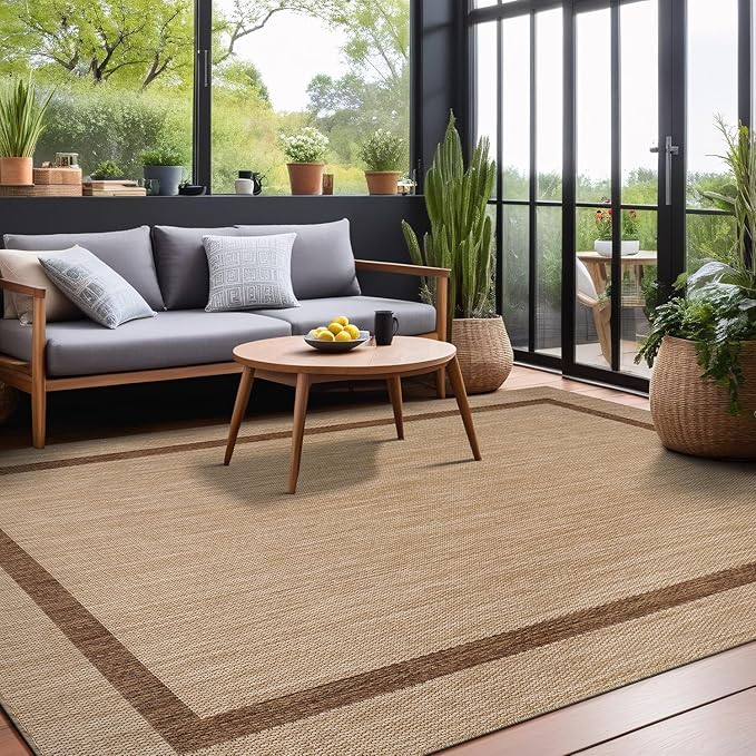 Bordered Outdoor Rug 10x14 Washable Outside Carpet for Indoor Patio Porch Waterproof Easy Cleaning Non Shedding Area Rugs Jute Beige - Nut Brown 10 x 14