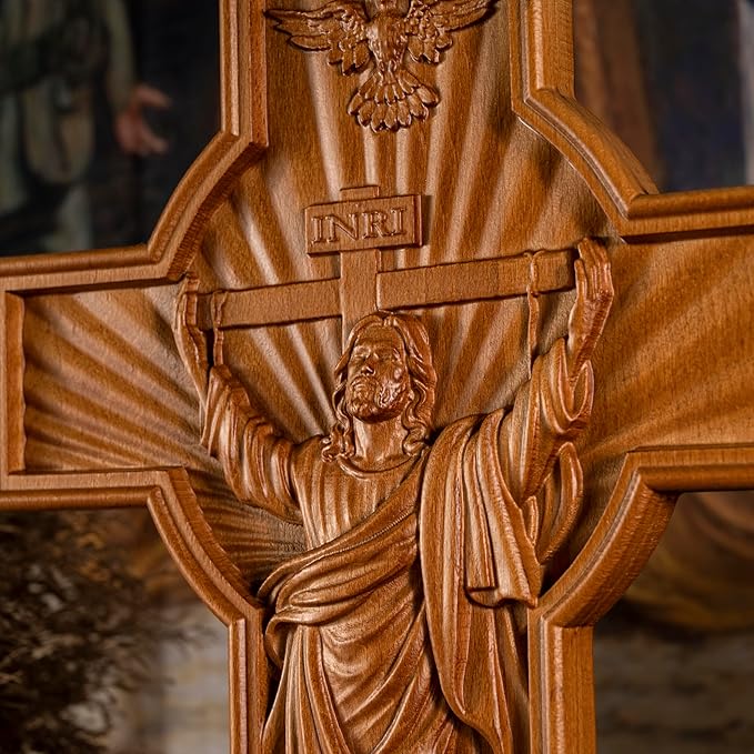 BGCOPPER Crucifix Wall Cross Handmade Wooden Cross for Wall with Hook, INRI Jesus Cross Wll Decor for Church Home Room Christmas Gifts