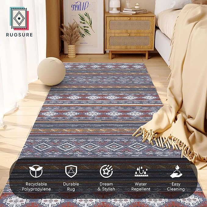 RUGSURE Washable Area Rugs 2'6'' x 8' - 1/6 Thick - Moroccan-Inspired -Stain & Water Resistant Non-Slip - Resistant Rug for Living Room, Bedroom, Nursery, Pet & Child Friendly (Blue and Red)