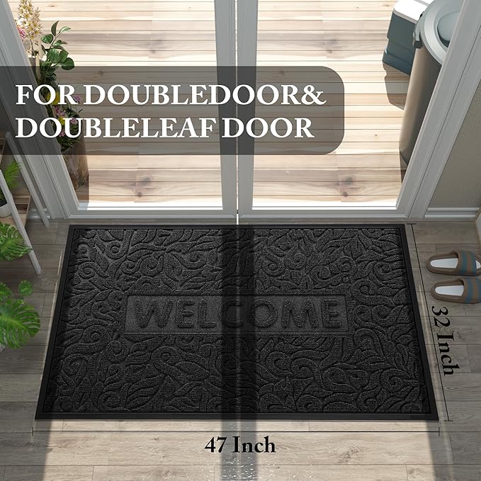 Yimobra Door Mat Indoor Outdoor Entrance, Non Slip Welcome Front Doormats, Heavy Duty Rubber Backing, Stain and Fade Resistant, Low Profile, Easy Clean Patio Garage Floor Mats, 47 x 32, Black