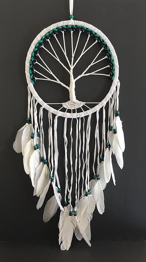 OMA Dream Catcher, Tree of Life Design with Feathers and Beads, White Suede Authentic Traditional Dream Catcher Boho Home Decor Bedroom Decoration Gift - Large Size - 36" Long x 11" Diameter (Green)