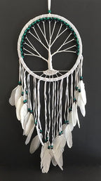 OMA Dream Catcher, Tree of Life Design with Feathers and Beads, White Suede Authentic Traditional Dream Catcher Boho Home Decor Bedroom Decoration Gift - Large Size - 36" Long x 11" Diameter (Green)