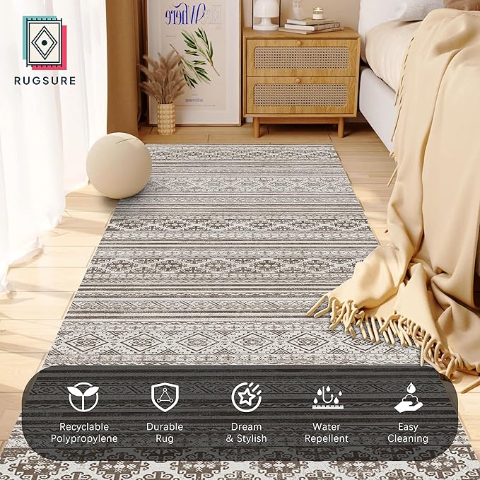 RUGSURE Washable Area Rugs 2'6'' x 8' - 1/6 Thick - Moroccan-Inspired -Stain & Water Resistant Non-Slip - Resistant Rug for Living Room, Bedroom, Nursery, Pet & Child Friendly (Brown)