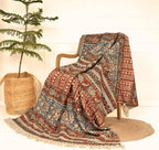 Handmade Cotton Floral Throw Blanket | Indian Block Print with Tassels | Boho Fringed Sofa & Bed Cover | 48x70 Inches Lightweight Decorative Throw for Couch, Living Room & Bedroom