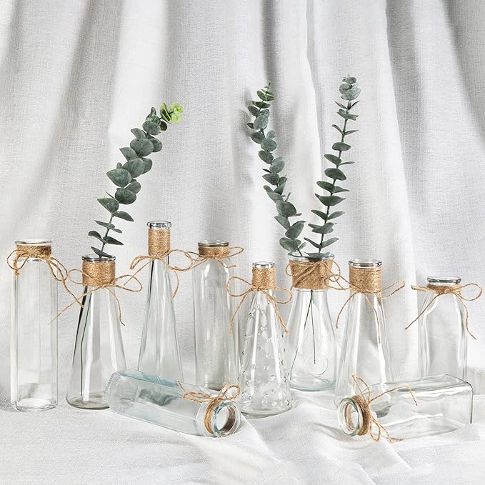 Flowers Vases Set of 10, Small Clear Glass Vases with Rope Design and Differing Unique Shapes Flower Vase for Home Holiday Decoration