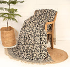 Handmade Cotton Throw Blanket, Floral Block Print, Black and Beige Wrap, 47x71 inches Decorative Woven Throw with Tassels