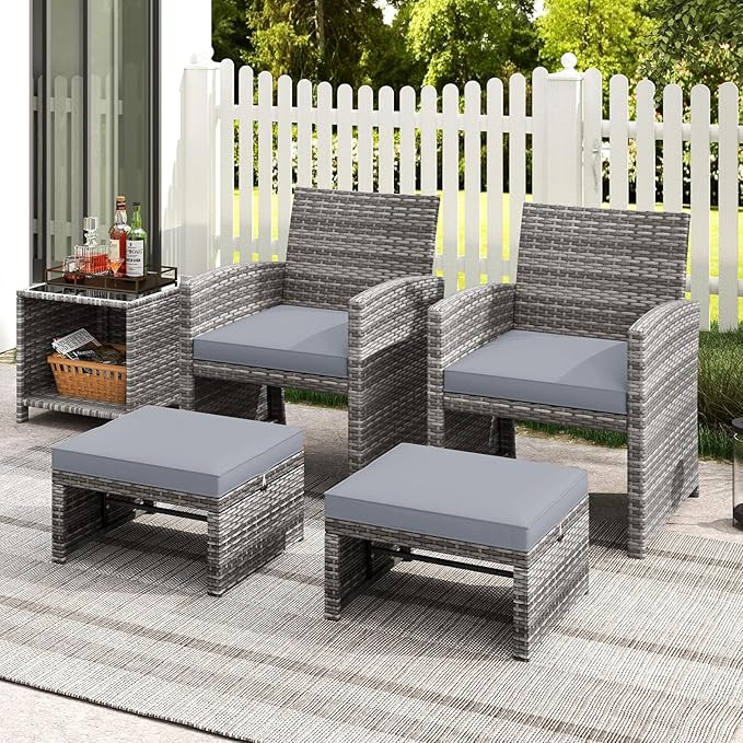 Tangkula 2 Pieces Patio PE Rattan Ottomans, Multipurpose Outdoor Footstool Footrest Additional Seating Side Table with Soft Zippered Cushions for Deck, Garden, and Yard (Gray)