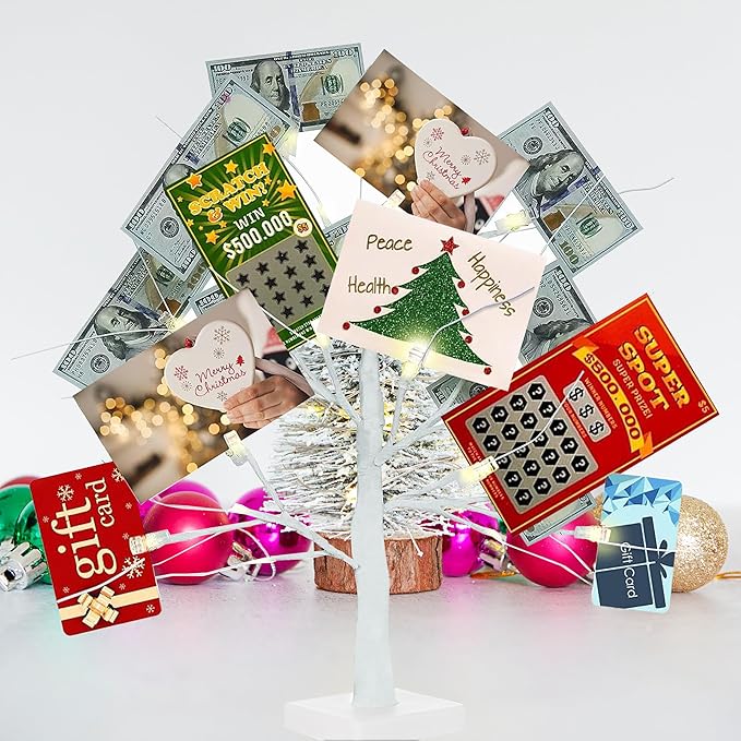 Money Tree Gift Holder, 2FT 24 LED Birch Tree with 12 Clear Clips, Battery Powered Lighted Display Card Trees for Christmas,Wedding, Photo Memo, Birthday Graduation（White）