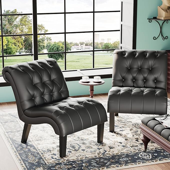 Yongqiang PU Leather Accent Chairs Set of 2 Button Tufted Upholstered Modern Armless Lounge Chair for Bedroom Living Room Chairs Leisure Chair with Wood Legs Black