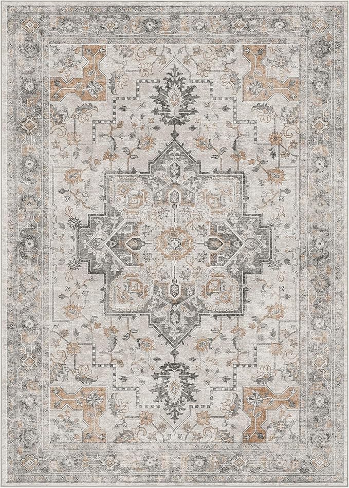 GENIMO 29"x17" Area Rugs for Living Room, Machine Washable Non Slip Vintage Rugs, Low Pile Soft Chenille Print Rug for Bedroom, Dining Room, Home Office, Light Taupe Brown