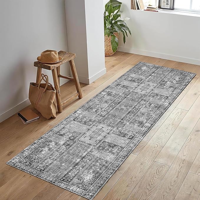 Vintage 2'6'' x 8' Washable Area Rug - Stylish Indoor Rug for Living, Dining or Bedroom - Lightweight Carpet with Non-Slip Backing - Foldable for Easy Placement and Maintenance - Grey
