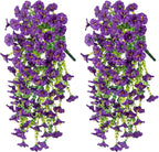 Ivydale 2 PCS Artificial Hanging Flowers Fake Plants Outdoor,Silk Morning Glory Faux Flowers with Eucalyptus Leaves,UV Resistant Realistic Hanging Petunias Plants for Home Garden Decor (Purple)