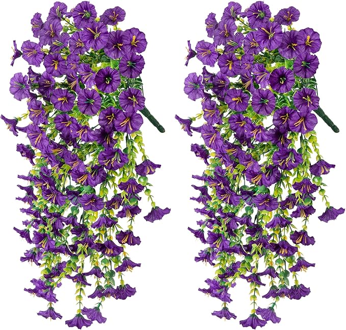 Ivydale 2 PCS Artificial Hanging Flowers Fake Plants Outdoor,Silk Morning Glory Faux Flowers with Eucalyptus Leaves,UV Resistant Realistic Hanging Petunias Plants for Home Garden Decor (Purple)