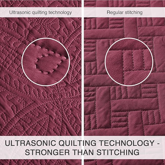 Love's cabin Quilts for Queen Bed Burgundy Bedspreads Bedding Set - Lightweight Bedspread Comforter - Coin Pattern Bedding Coverlet for All Season - 3 Pieces (1 Quilt, 2 Pillow Shams)