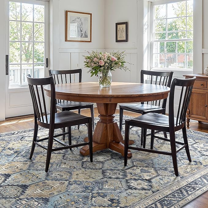 GENIMO 9x12 Area Rugs for Living Room, Machine Washable Non Slip Vintage Rugs, Low Pile Lightweight Chenille Print Rug for Bedroom, Dining Room, Home Office, Brown Blue